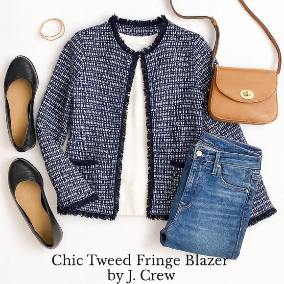 J.Crew XXS Tweed Fringe Lady Jacket – Chic Bouclé Blazer - Black Blue Silver - Picture 1 of 14